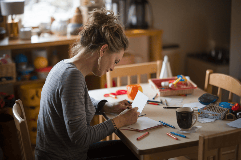 Mom with a messy bun writing a handwritten card at the kitchen table, with kids’ toys and everyday chaos in the background—capturing a heartfelt moment in real life.


