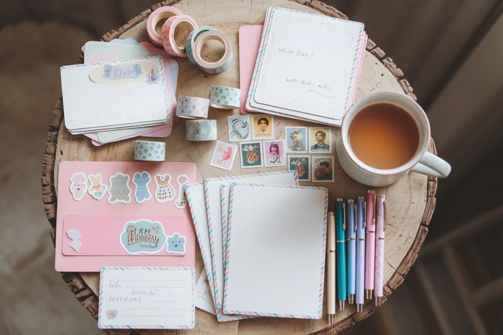 Flat lay of a cozy letter-writing station with cute notecards, colorful washi tape, stamps, pens, and a mug of tea — ready for sending thoughtful handwritten cards.