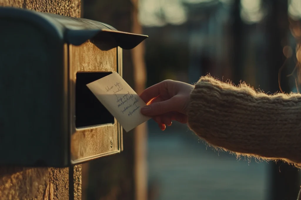 Close-up of a hand slipping a handwritten envelope into a metal mailbox at sunset, capturing the personal and intentional act of mailing a card.

