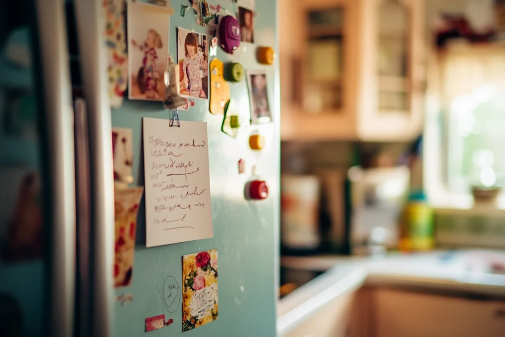 A handwritten note clipped to a fridge surrounded by children’s photos, magnets, and colorful paper — capturing the sentimental display of meaningful messages at home.

