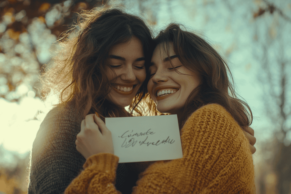 Two friends sharing a joyful hug and laugh while holding a handwritten card, capturing the emotional connection and warmth of receiving a thoughtful note.