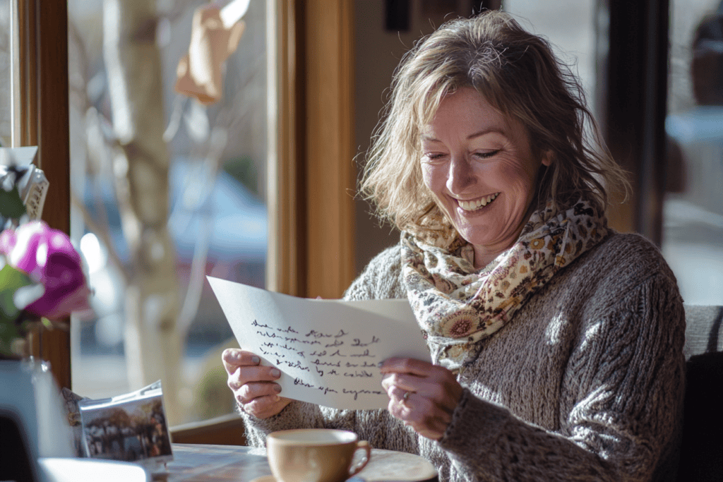 Woman smiling while reading a greeting card, showing the joy thoughtful moments from a monthly card planner can bring.