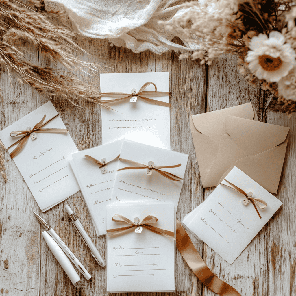 flat lay of notecards on a wooden table with florals on it