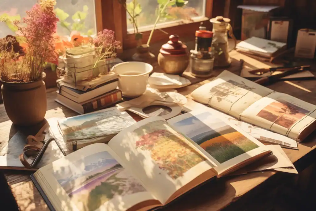 Open travel journal with receipts, photos, and pressed flowers taped inside — a cozy example of journaling ideas for beginners.