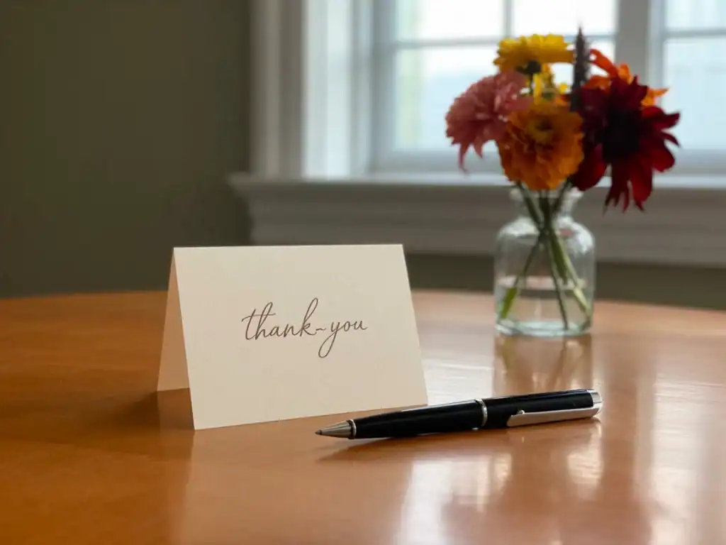 A minimalist thank-you card with a pen beside a small vase of autumn flowers — simple design that inspires gratitude for self care.