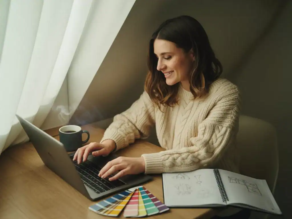 A woman in a soft sweater smiling as she works on her laptop with color palettes and a cup of tea nearby — creativity as an act of gratitude for self care.