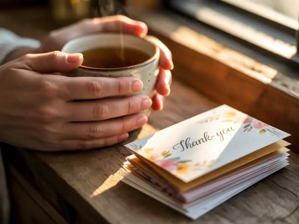 Close-up of hands holding a warm mug of tea beside a stack of handmade thank-you cards, capturing a quiet moment of gratitude for self care.