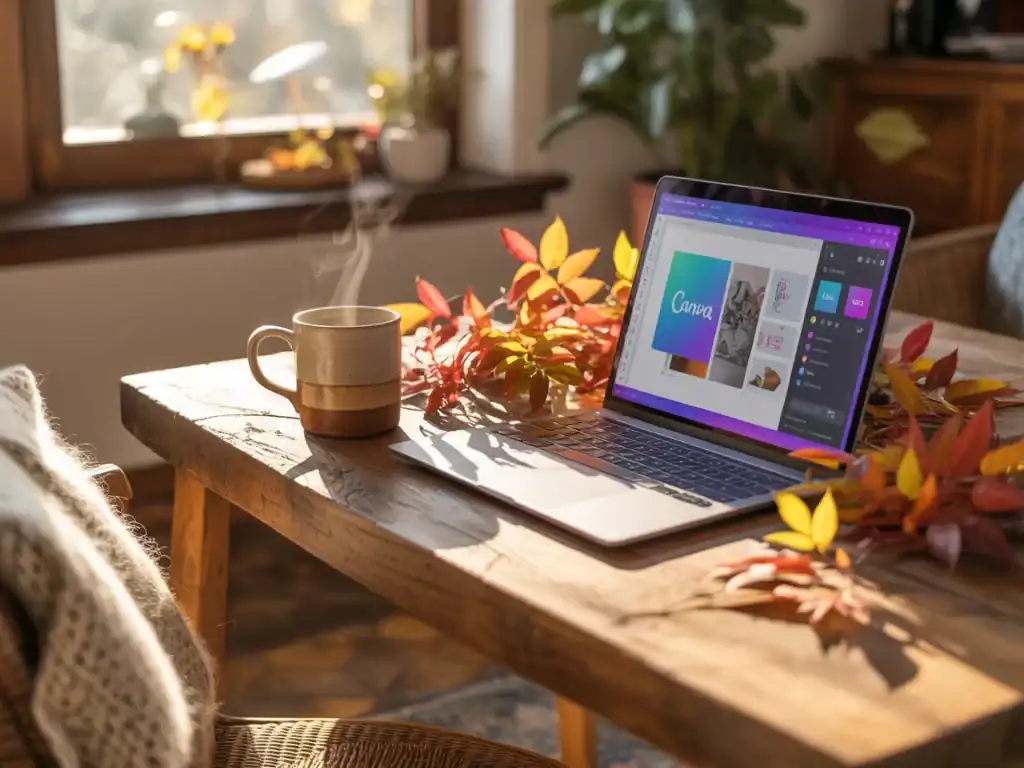 cozy home workspace with a laptop open to Canva, a warm mug of tea, and printed color palettes scattered on the desk — a calm setup for creativity and gratitude for self care.