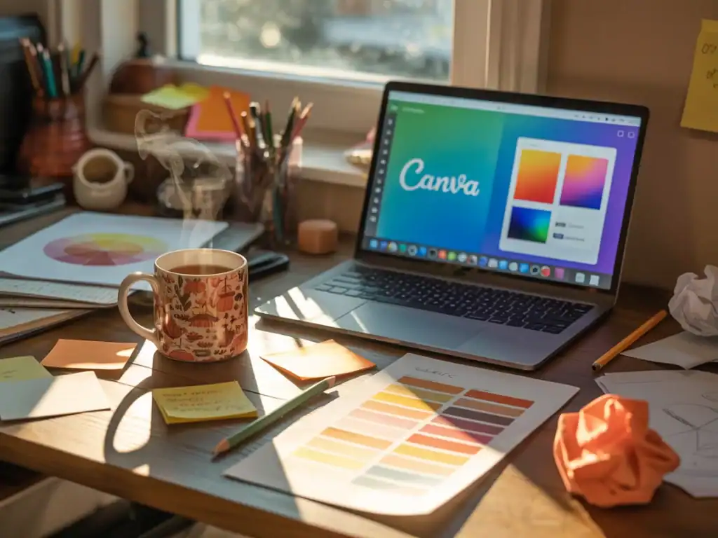 cozy home workspace with a laptop open to Canva, a warm mug of tea, and printed color palettes scattered on the desk — a calm setup for creativity and gratitude for self care.